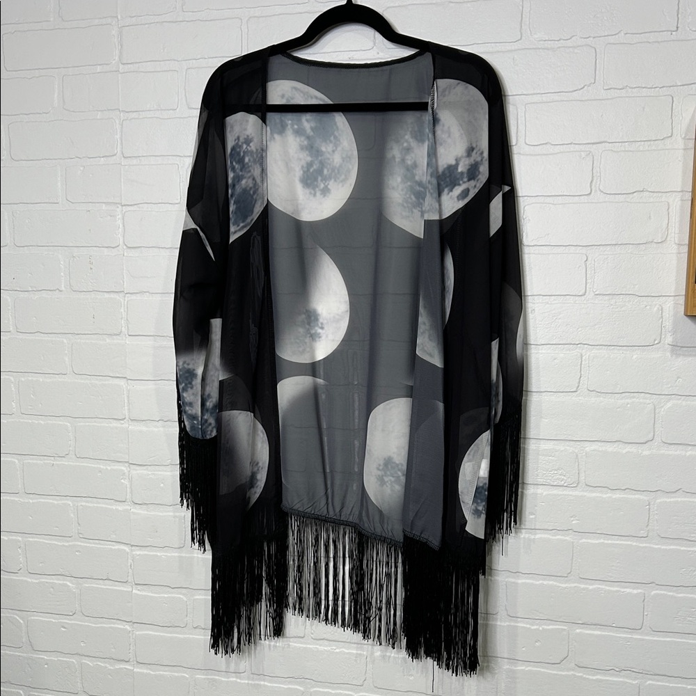 Black and Gray Sheer Moon Print Kimono with Fringe - Unbranded/oversized